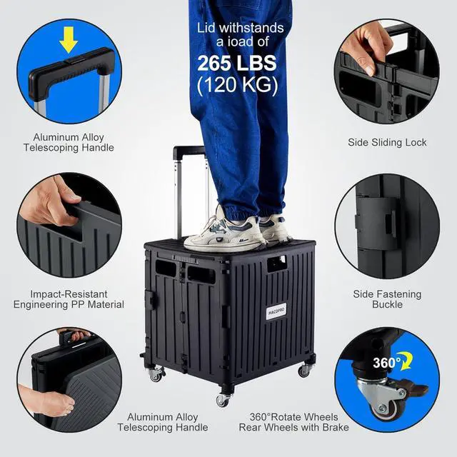 Alt view image 3 of 7 - Folding Utility Cart Portable Rolling Crate Handcart Shopping Trolley Collapsible Tool Box, with Lid, Basket on 4 Rotate Wheels, for Grocery, Office, Luggage, Teacher (Black)