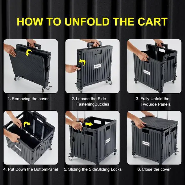 Alt view image 5 of 7 - Folding Utility Cart Portable Rolling Crate Handcart Shopping Trolley Collapsible Tool Box, with Lid, Basket on 4 Rotate Wheels, for Grocery, Office, Luggage, Teacher (Black)