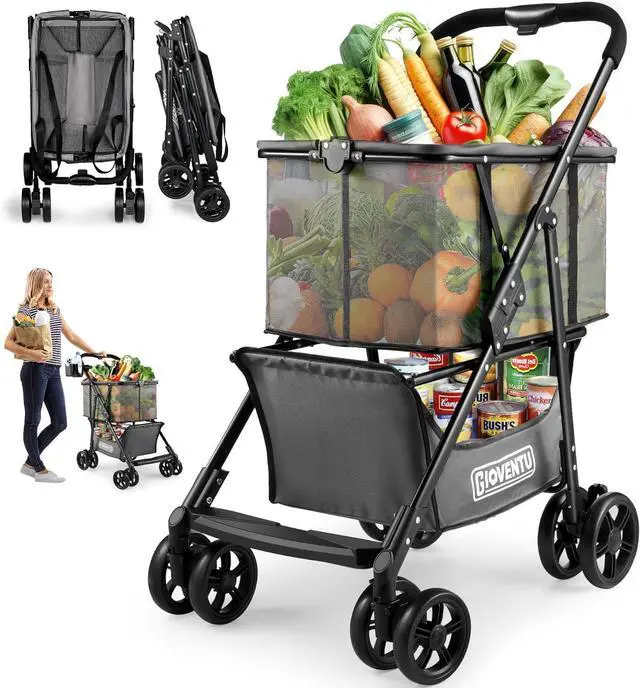 Main image of Folding Shopping Cart for Groceries, 80lbs Collapsible Grocery Cart with Removable Basket and Swivel Wheels, One-Hand Fold, Portable Personal Stroller Shopping Carts