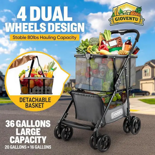 Alt view image 2 of 6 - Folding Shopping Cart for Groceries, 80lbs Collapsible Grocery Cart with Removable Basket and Swivel Wheels, One-Hand Fold, Portable Personal Stroller Shopping Carts