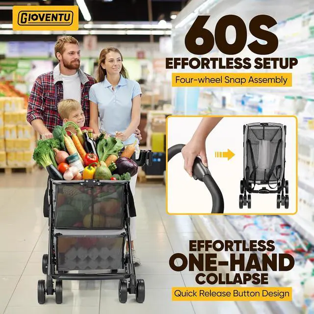 Alt view image 4 of 6 - Folding Shopping Cart for Groceries, 80lbs Collapsible Grocery Cart with Removable Basket and Swivel Wheels, One-Hand Fold, Portable Personal Stroller Shopping Carts