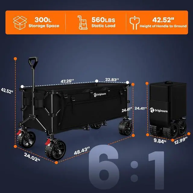 Alt view image 2 of 7 - 48" L Collapsible Wagon Cart Foldable, 560lbs Weight Capacity 300L Heavy Duty Folding Beach Wagons with Big All-Terrain Wheels, Utility Carts for Groceries, Shopping, Camping, Sports - Black