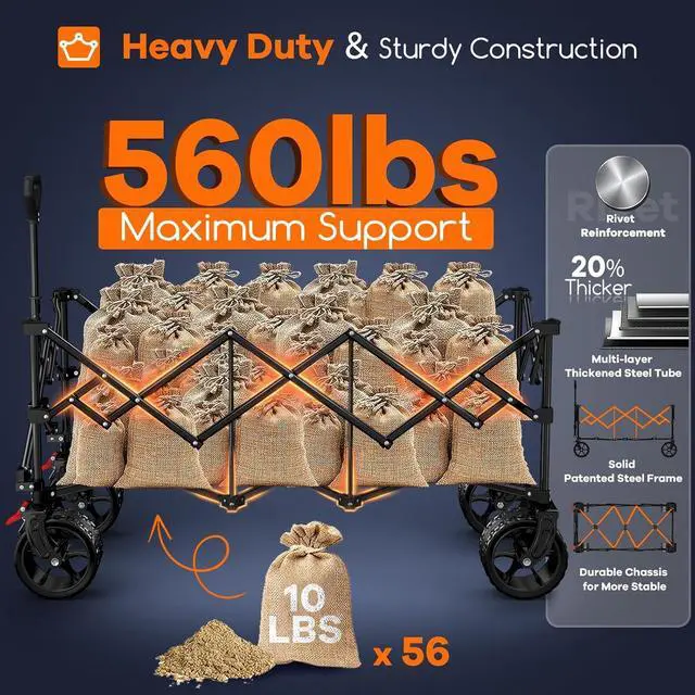 Alt view image 4 of 7 - 48" L Collapsible Wagon Cart Foldable, 560lbs Weight Capacity 300L Heavy Duty Folding Beach Wagons with Big All-Terrain Wheels, Utility Carts for Groceries, Shopping, Camping, Sports - Black