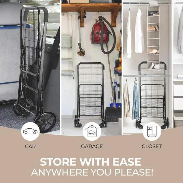 Alt view image 4 of 7 - Small Compact Folding Shopping Cart with Removable Waterproof Liner  360° Swivel Wheels, RustProof Steel Frame, 70lb Capacity  Portable Grocery, Laundry & Travel Cart (Black)