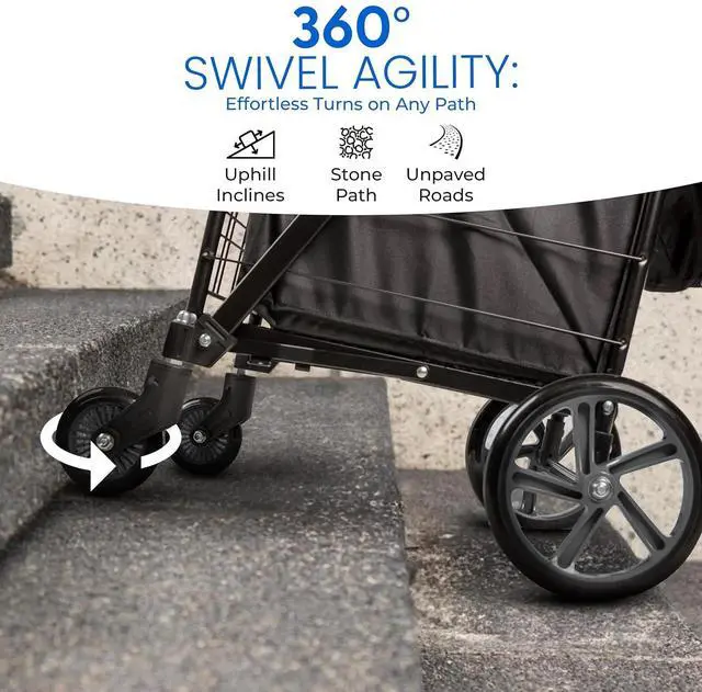 Alt view image 5 of 7 - Small Compact Folding Shopping Cart with Removable Waterproof Liner  360° Swivel Wheels, RustProof Steel Frame, 70lb Capacity  Portable Grocery, Laundry & Travel Cart (Black)