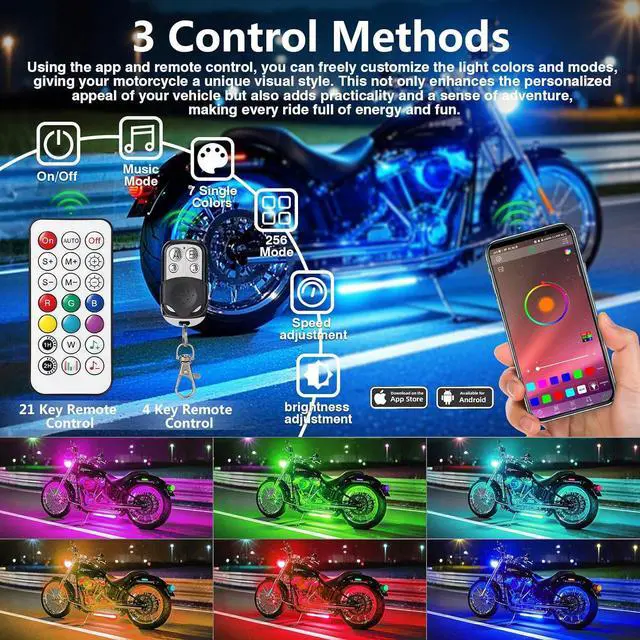 Alt view image 2 of 6 - 12Pcs RGB+IC Chasing Motorcycle LED Lights with APP/RF Remote, Dreamcolor Motorcycle LED Underglow Kit with Brake Turn Signal, 12V Waterproof Neon Strip Lights Kit for Harley Kawasaki ATV Golf Cart