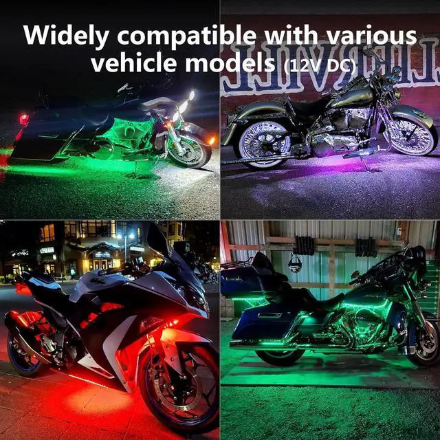 Alt view image 3 of 6 - 12Pcs RGB+IC Chasing Motorcycle LED Lights with APP/RF Remote, Dreamcolor Motorcycle LED Underglow Kit with Brake Turn Signal, 12V Waterproof Neon Strip Lights Kit for Harley Kawasaki ATV Golf Cart