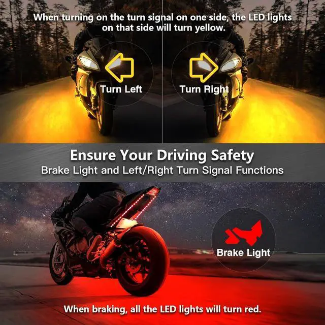 Alt view image 4 of 6 - 12Pcs RGB+IC Chasing Motorcycle LED Lights with APP/RF Remote, Dreamcolor Motorcycle LED Underglow Kit with Brake Turn Signal, 12V Waterproof Neon Strip Lights Kit for Harley Kawasaki ATV Golf Cart