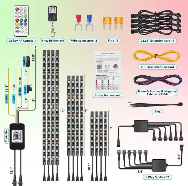Alt view image 6 of 6 - 12Pcs RGB+IC Chasing Motorcycle LED Lights with APP/RF Remote, Dreamcolor Motorcycle LED Underglow Kit with Brake Turn Signal, 12V Waterproof Neon Strip Lights Kit for Harley Kawasaki ATV Golf Cart