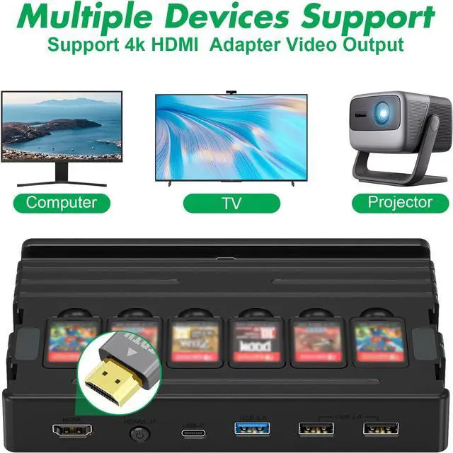 Alt view image 3 of 7 - TV Docking Station with Joycon Charging for Switch,Storable 6 Game Cards/6 TF Cards,Switch Docking Station Support 4K HDMI Adapter Output with HDMI Cable and 15V/2.6A USB-C Charger