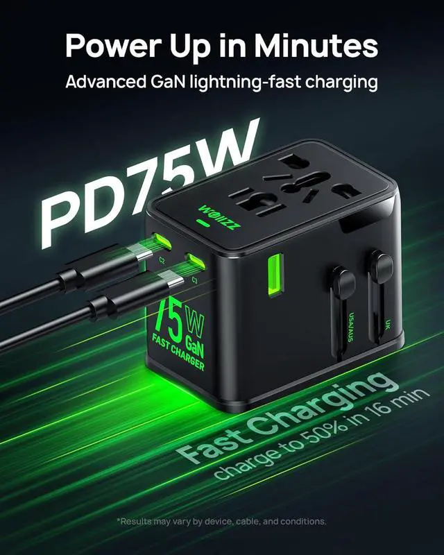 Alt view image 3 of 7 - 75W Tiny Universal Travel Adapter, GaN Fast Charging European Power Adapter with 5 Ports (1 AC, 1 USB-A, and 3 USB-C), Plug Adapter with Smart Chip for Over 200 Countries, PD&QC Charger