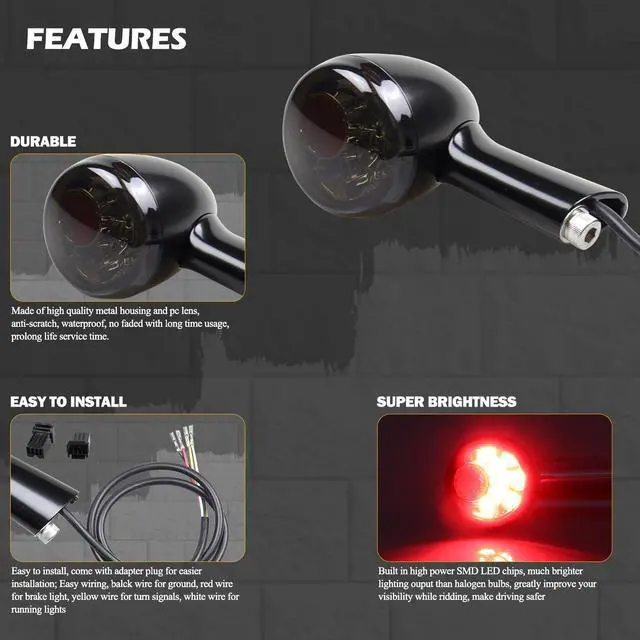 Alt view image 4 of 7 - Universal Smoked Bullet Front Rear LED Turn Signals, Motorcycle Brake Taillights 12V Tail Lights Compatible with Halrey Sportster XL1200 Iron 883 Touring Dyna - 2Pcs