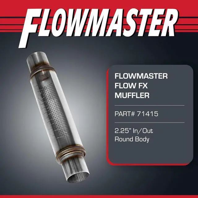 Alt view image 2 of 7 - Flow FX Chambered Muffler  2.25 Center In / 2.25 Center Out  Round Body  Moderate Sound  Stainless Steel  Afable Performance for Modern Trucks, Muscle Cars & Daily Drivers, 71415