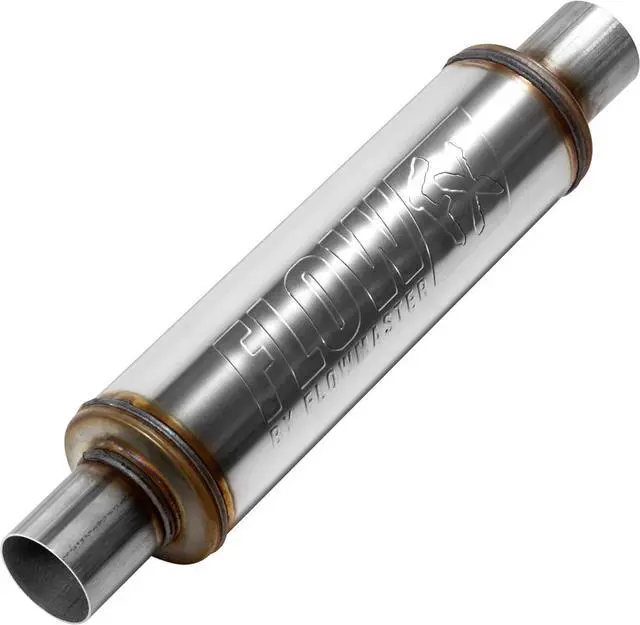 Main image of Flow FX Chambered Muffler  2.25 Center In / 2.25 Center Out  Round Body  Moderate Sound  Stainless Steel  Afable Performance for Modern Trucks, Muscle Cars & Daily Drivers, 71415