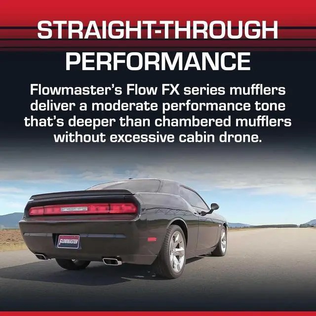 Alt view image 4 of 7 - Flow FX Chambered Muffler  2.25 Center In / 2.25 Center Out  Round Body  Moderate Sound  Stainless Steel  Afable Performance for Modern Trucks, Muscle Cars & Daily Drivers, 71415