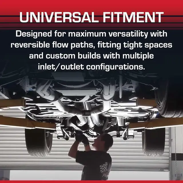 Alt view image 7 of 7 - Flow FX Chambered Muffler  2.25 Center In / 2.25 Center Out  Round Body  Moderate Sound  Stainless Steel  Afable Performance for Modern Trucks, Muscle Cars & Daily Drivers, 71415