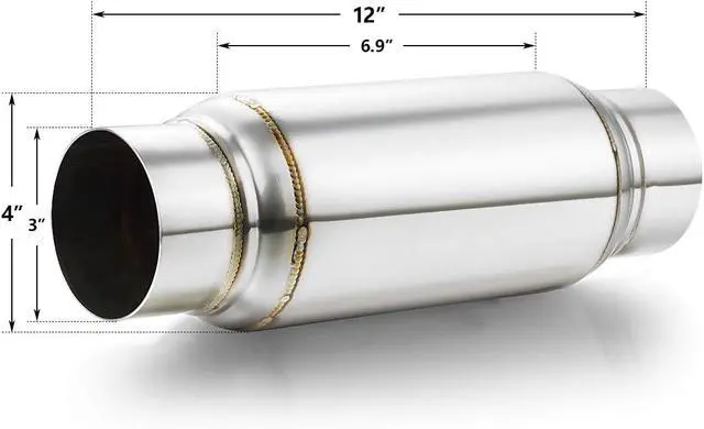 Alt view image 2 of 5 - Exhaust Resonator 3" Inlet, 3" Inlet 3" Outlet 12" Overall Length Muffler Resonator Stainless Steel Polished Deep Tone Clear Up Rasp 2 Pack