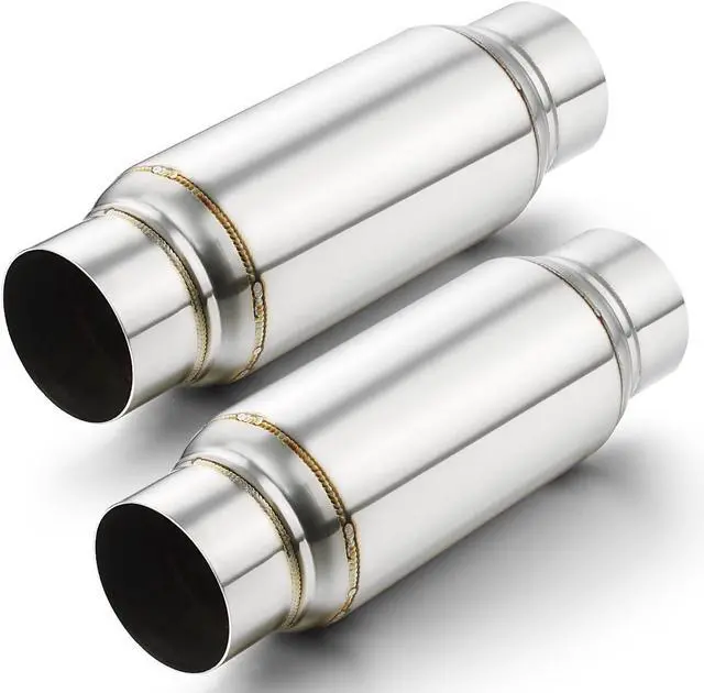 Main image of Exhaust Resonator 3" Inlet, 3" Inlet 3" Outlet 12" Overall Length Muffler Resonator Stainless Steel Polished Deep Tone Clear Up Rasp 2 Pack