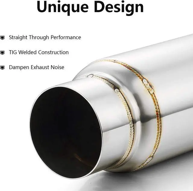 Alt view image 4 of 5 - Exhaust Resonator 3" Inlet, 3" Inlet 3" Outlet 12" Overall Length Muffler Resonator Stainless Steel Polished Deep Tone Clear Up Rasp 2 Pack