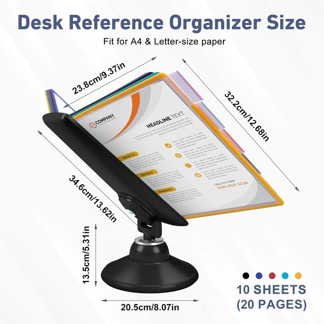 Alt view image 2 of 7 - 10-Pocket Desk Reference Organizer with 360° Swivel Base & 10 Double-Sided Panels Holds 20 Sheets A4/Letter Size Paper, Fast Flip & Find Desktop Reference System with Colored Index Tabs, Black