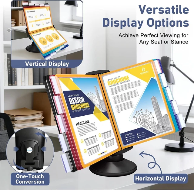 Alt view image 6 of 7 - 10-Pocket Desk Reference Organizer with 360° Swivel Base & 10 Double-Sided Panels Holds 20 Sheets A4/Letter Size Paper, Fast Flip & Find Desktop Reference System with Colored Index Tabs, Black
