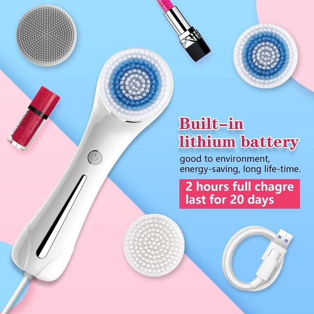Alt view image 4 of 7 - YEVYO Facial Cleansing Brush, Brush for Exfoliating, IPX7 Waterproof 3 in 1 for Massaging, Deep Cleansing Rechargeable with 4 Brush Head Replacements, White