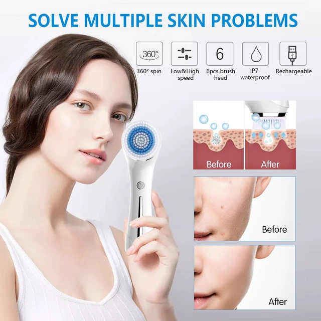 Alt view image 5 of 7 - YEVYO Facial Cleansing Brush, Brush for Exfoliating, IPX7 Waterproof 3 in 1 for Massaging, Deep Cleansing Rechargeable with 4 Brush Head Replacements, White