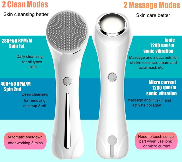 Alt view image 6 of 7 - YEVYO Facial Cleansing Brush, Brush for Exfoliating, IPX7 Waterproof 3 in 1 for Massaging, Deep Cleansing Rechargeable with 4 Brush Head Replacements, White