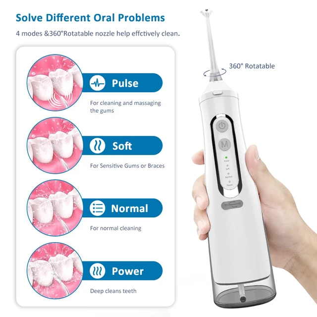 Alt view image 3 of 7 - YEVYO Cordless Water Flosser Rechargeable, 4 Cleaning Modes, 310ml Water Tank, IPX7 Waterproof, Portable Water Dental Pick for Braces & Adults - White