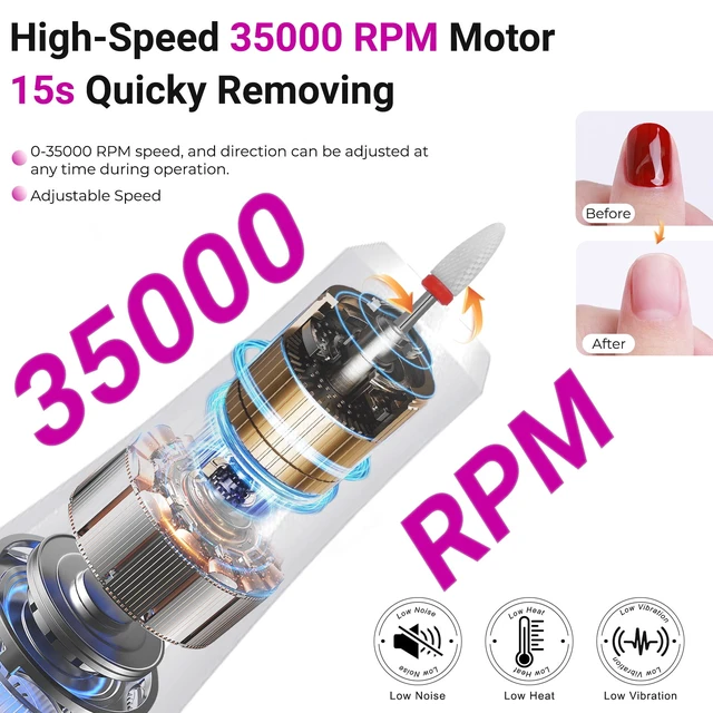Alt view image 3 of 7 - YEVYO Portable Electric Nail Drill 35000RPM Nails Milling Cutter Wireless Pedicure Grinder Rechargeable Nail Drilling Machine