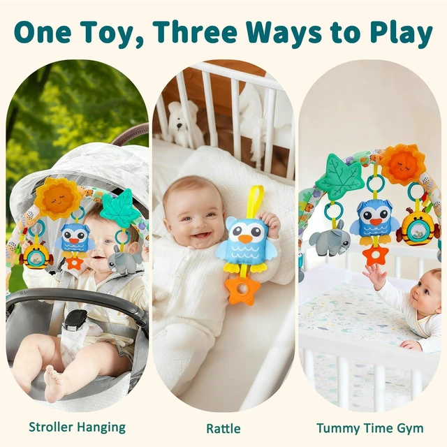 Alt view image 2 of 7 - YEVYO Baby Stroller Arch Toys, 3-in-1 Clip-On Play Bar with Rattles & Crib Accessories - Sensory Car Seat Toy, Tummy Time Infant Gift - Owl Style