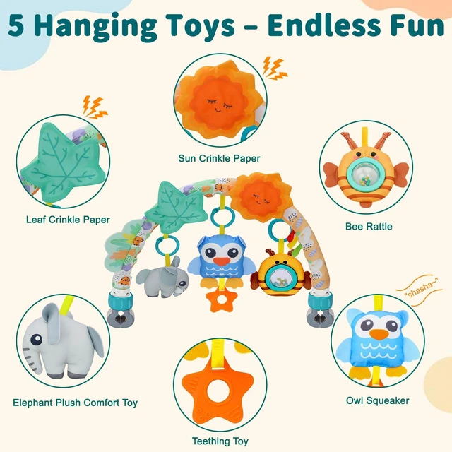 Alt view image 5 of 7 - YEVYO Baby Stroller Arch Toys, 3-in-1 Clip-On Play Bar with Rattles & Crib Accessories - Sensory Car Seat Toy, Tummy Time Infant Gift - Owl Style