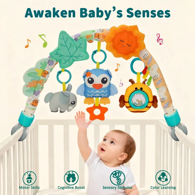 Alt view image 3 of 7 - YEVYO Baby Stroller Arch Toys, 3-in-1 Clip-On Play Bar with Rattles & Crib Accessories - Sensory Car Seat Toy, Tummy Time Infant Gift - Owl Style