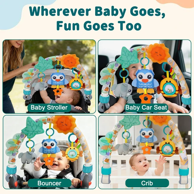 Alt view image 7 of 7 - YEVYO Baby Stroller Arch Toys, 3-in-1 Clip-On Play Bar with Rattles & Crib Accessories - Sensory Car Seat Toy, Tummy Time Infant Gift - Owl Style