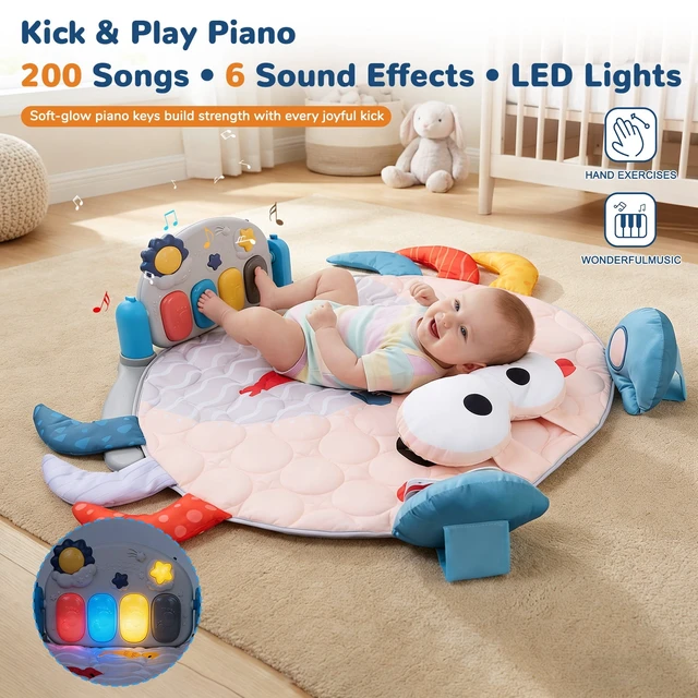 Alt view image 2 of 7 - YEVYO Baby Play Mat & Musical Activity Gym, Kick Piano with 200 Songs & Sensory Toys, Washable Baby Floor Mat for Tummy Time & Crawling Crab Design