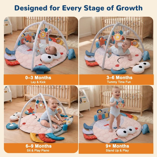 Alt view image 3 of 7 - YEVYO Baby Play Mat & Musical Activity Gym, Kick Piano with 200 Songs & Sensory Toys, Washable Baby Floor Mat for Tummy Time & Crawling Crab Design