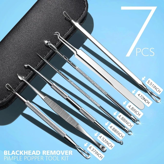 Alt view image 7 of 7 - YEVYO 7 in 1 Pimple Popper Tool Kit, Blackhead Remover Tools, Pimple Popper Tool Zit Popper Tool Acne Tools Black Head Remover for Face with Bag (Silver)