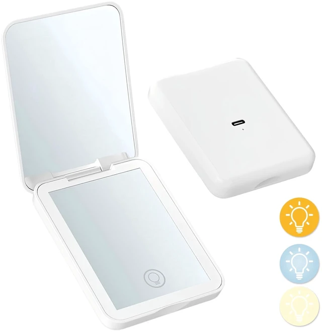 Main image of YEVYO Rechargeable Pocket Mirror, Double Sided 1X/3X Magnification Compact Vanity Mirror, 3 Color Lights, Travel Mirror for Women Gifts, White