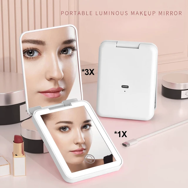 Alt view image 5 of 7 - YEVYO Rechargeable Pocket Mirror, Double Sided 1X/3X Magnification Compact Vanity Mirror, 3 Color Lights, Travel Mirror for Women Gifts, White