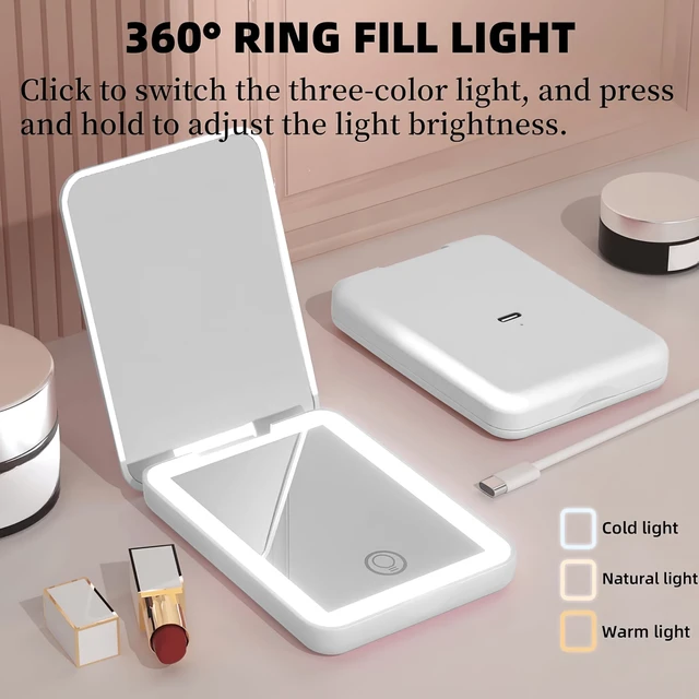 Alt view image 7 of 7 - YEVYO Rechargeable Pocket Mirror, Double Sided 1X/3X Magnification Compact Vanity Mirror, 3 Color Lights, Travel Mirror for Women Gifts, White