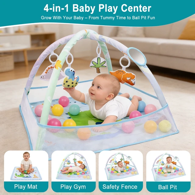 Alt view image 2 of 7 - YEVYO 4-in-1 Baby Play Mat Gym with Fence, Ball Pit & Toys - Foldable Waterproof Tummy Time Mat - Eco-Friendly Floor Mat Dinosaur Theme