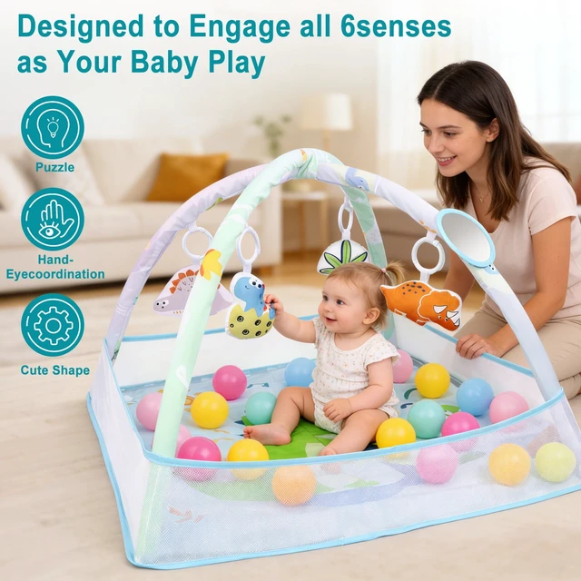 Alt view image 3 of 7 - YEVYO 4-in-1 Baby Play Mat Gym with Fence, Ball Pit & Toys - Foldable Waterproof Tummy Time Mat - Eco-Friendly Floor Mat Dinosaur Theme