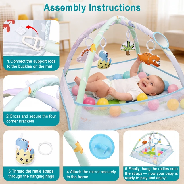 Alt view image 6 of 7 - YEVYO 4-in-1 Baby Play Mat Gym with Fence, Ball Pit & Toys - Foldable Waterproof Tummy Time Mat - Eco-Friendly Floor Mat Dinosaur Theme