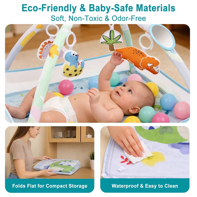 Alt view image 7 of 7 - YEVYO 4-in-1 Baby Play Mat Gym with Fence, Ball Pit & Toys - Foldable Waterproof Tummy Time Mat - Eco-Friendly Floor Mat Dinosaur Theme