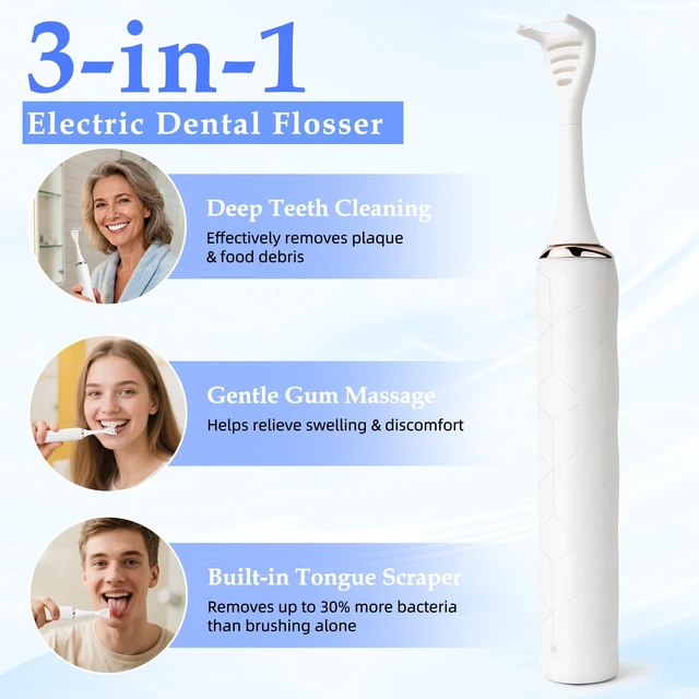 Alt view image 3 of 7 - YEVYO Electric Flosser for Teeth - 140000 Ultra-High Frequency Dual-Line Flossing, Cleaning, Tongue Scraper, Gum Massager - Reusable Flossers, White