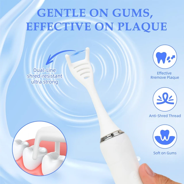 Alt view image 6 of 7 - YEVYO Electric Flosser for Teeth - 140000 Ultra-High Frequency Dual-Line Flossing, Cleaning, Tongue Scraper, Gum Massager - Reusable Flossers, White