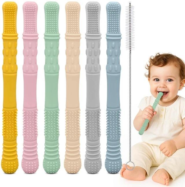 Main image of YEVYO Teething Straws for Babies 6-Pack 17cm Hollow Chew Tubes with Toothbrush Texture Soft Silicone Teether Toys for Gum Relief Neutral Colors