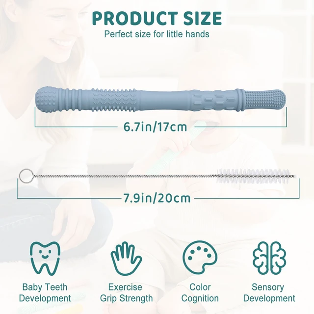 Alt view image 3 of 7 - YEVYO Teething Straws for Babies 6-Pack 17cm Hollow Chew Tubes with Toothbrush Texture Soft Silicone Teether Toys for Gum Relief Neutral Colors