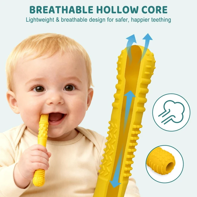 Alt view image 4 of 7 - YEVYO Teething Straws for Babies 6-Pack 17cm Hollow Chew Tubes with Toothbrush Texture Soft Silicone Teether Toys for Gum Relief Neutral Colors