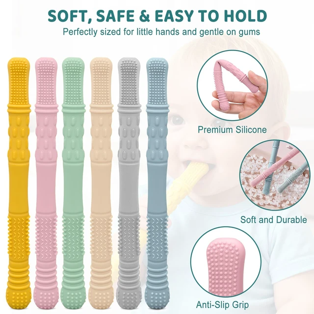 Alt view image 6 of 7 - YEVYO Teething Straws for Babies 6-Pack 17cm Hollow Chew Tubes with Toothbrush Texture Soft Silicone Teether Toys for Gum Relief Neutral Colors